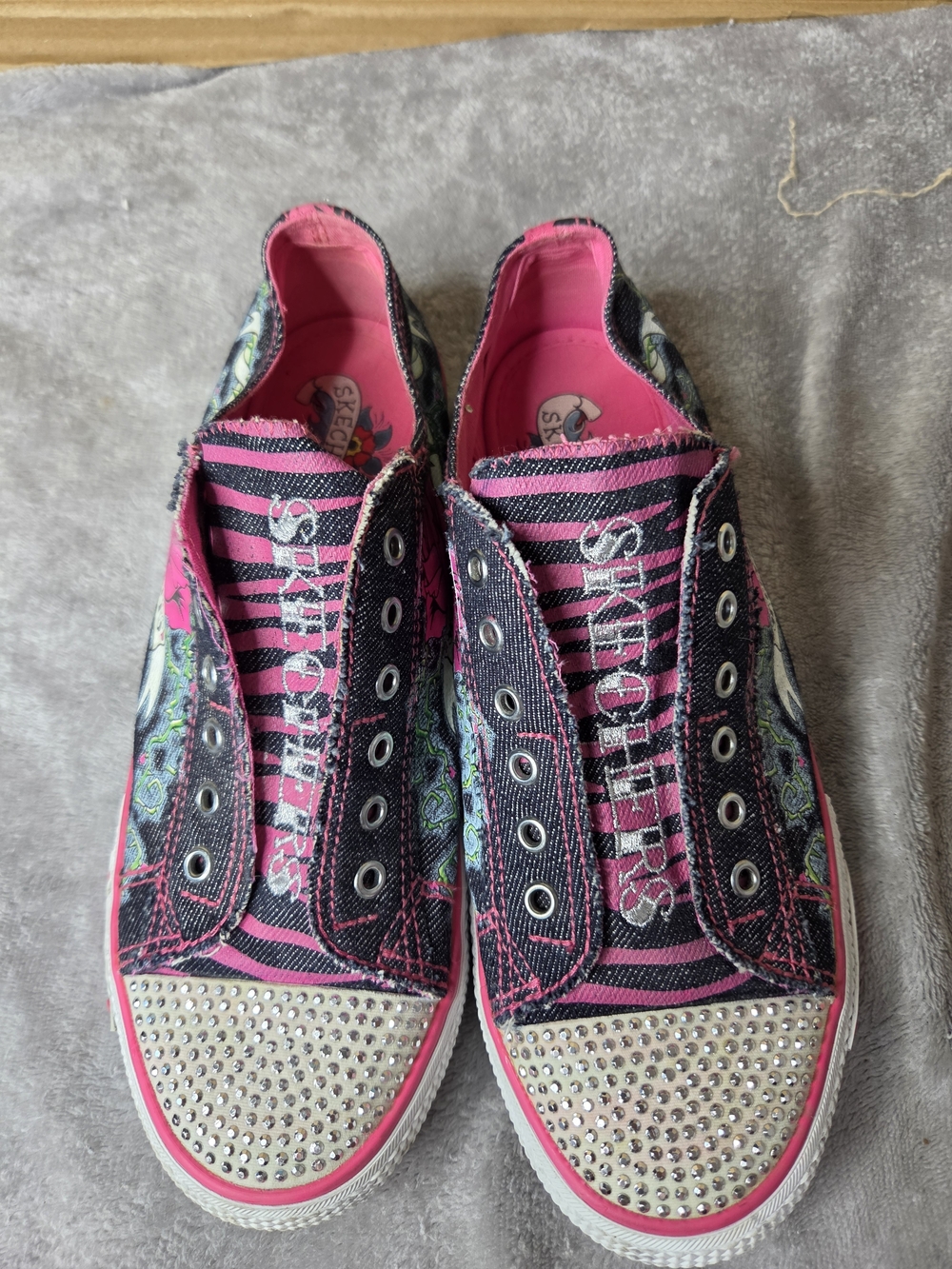 Skechers Twinkle Toes Womens Sneakers Pink Black Striped Canvas Laceless Y2K - Picture 2 of 11